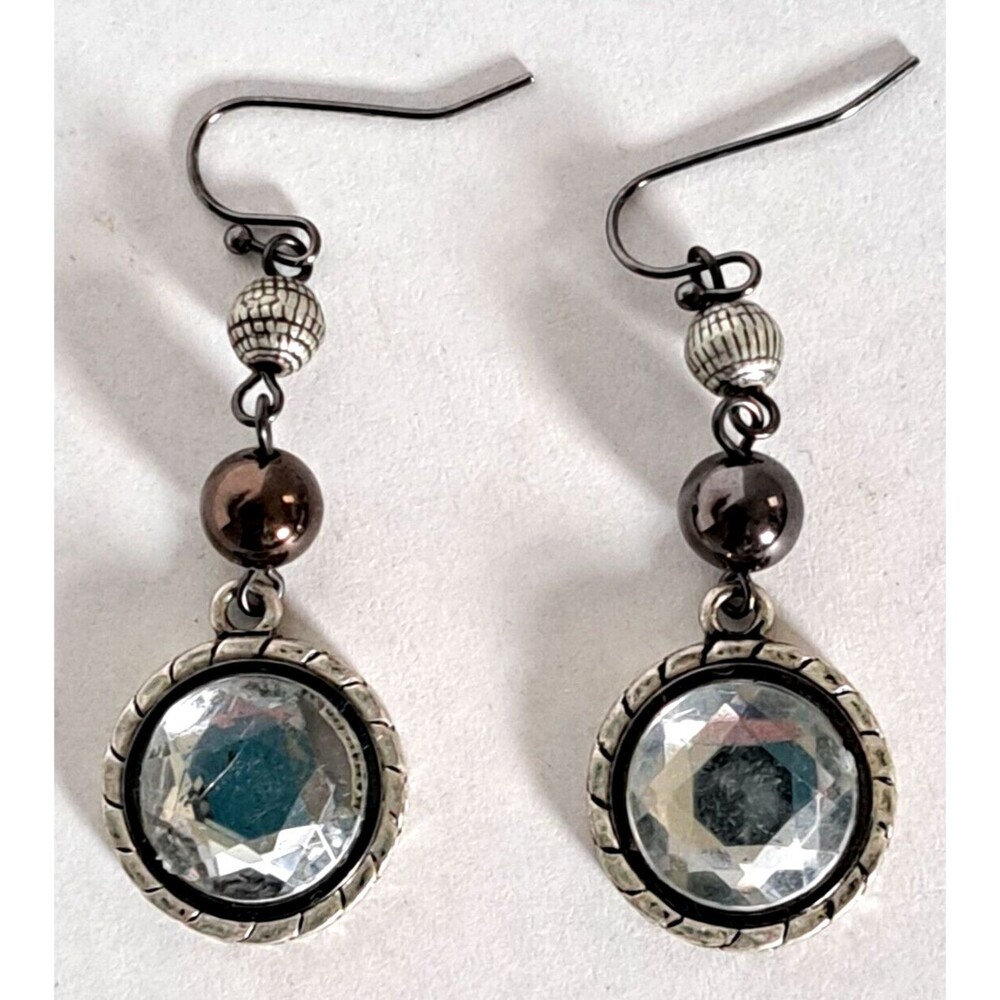 Silver Beaded Dangle Earrings Hook Backs